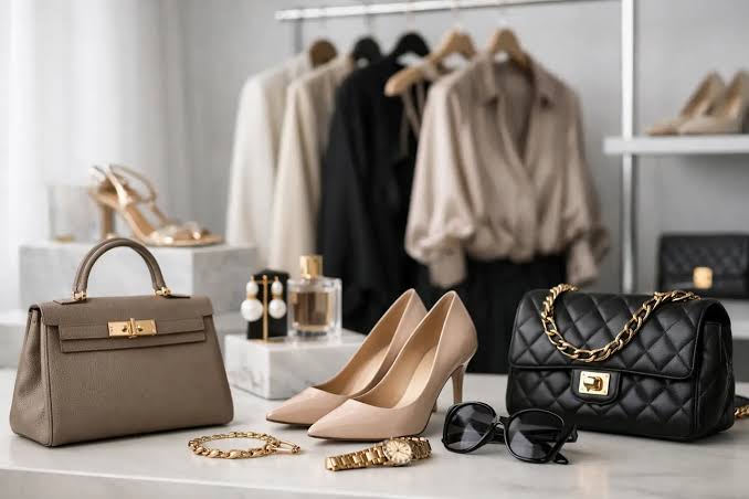 Curated accessories from independent ateliers: a structured taupe handbag, blush heels, a quilted black evening bag, gold jewellery and silk blouses