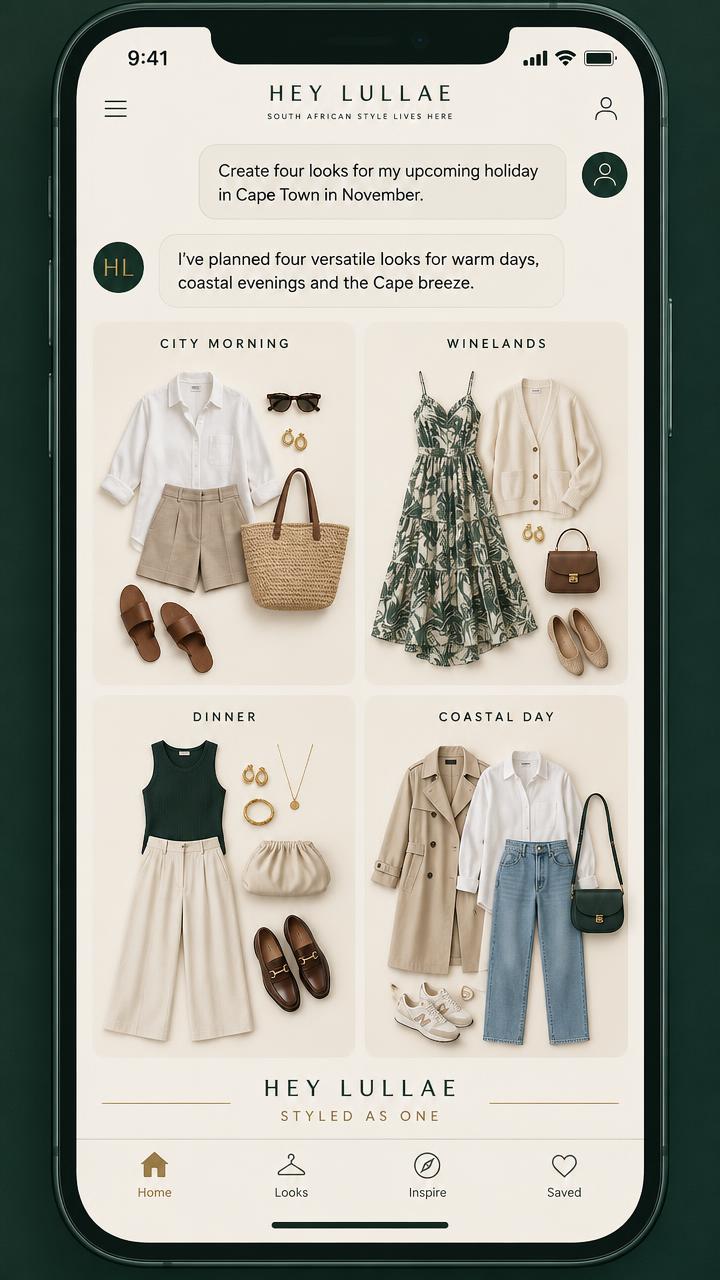 Hey Lullae on a cellphone showing a chat request and four looks for a Cape Town holiday in November