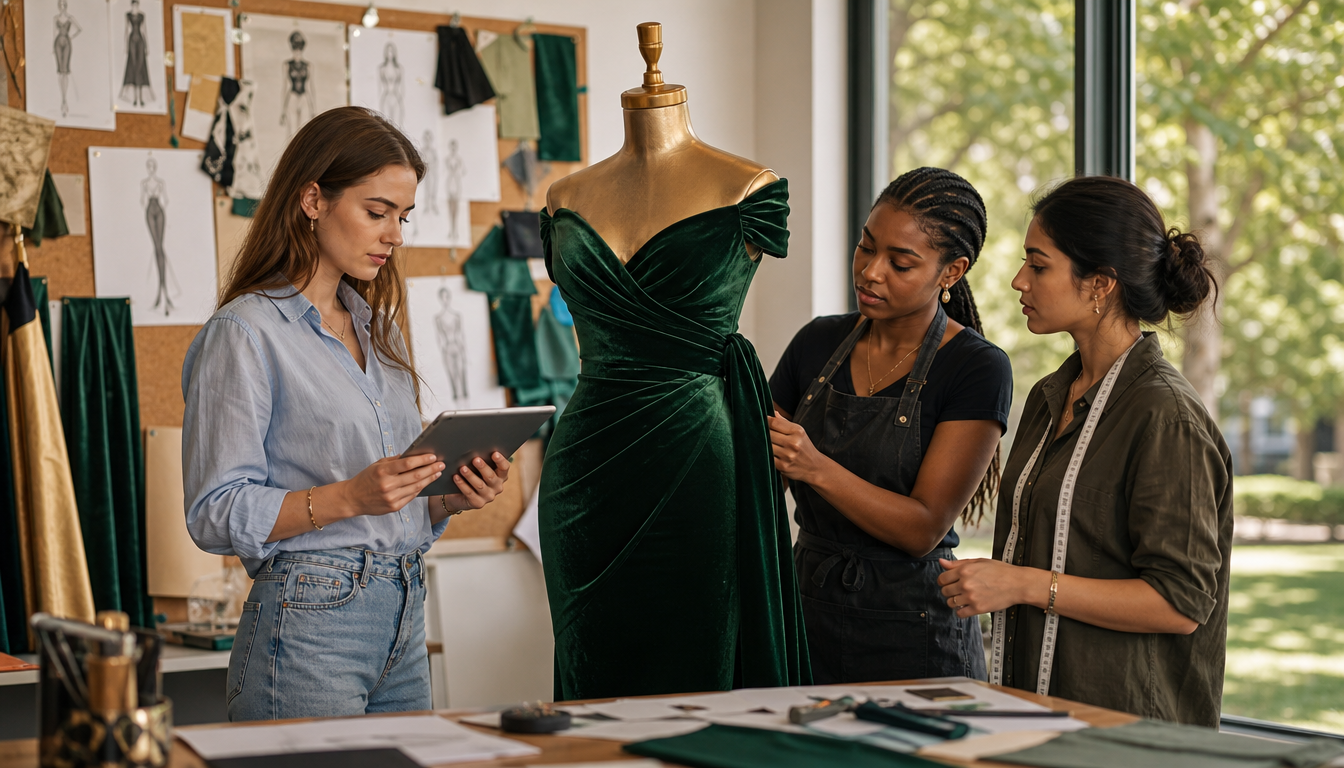 Three fashion students studying a silhouette pattern together